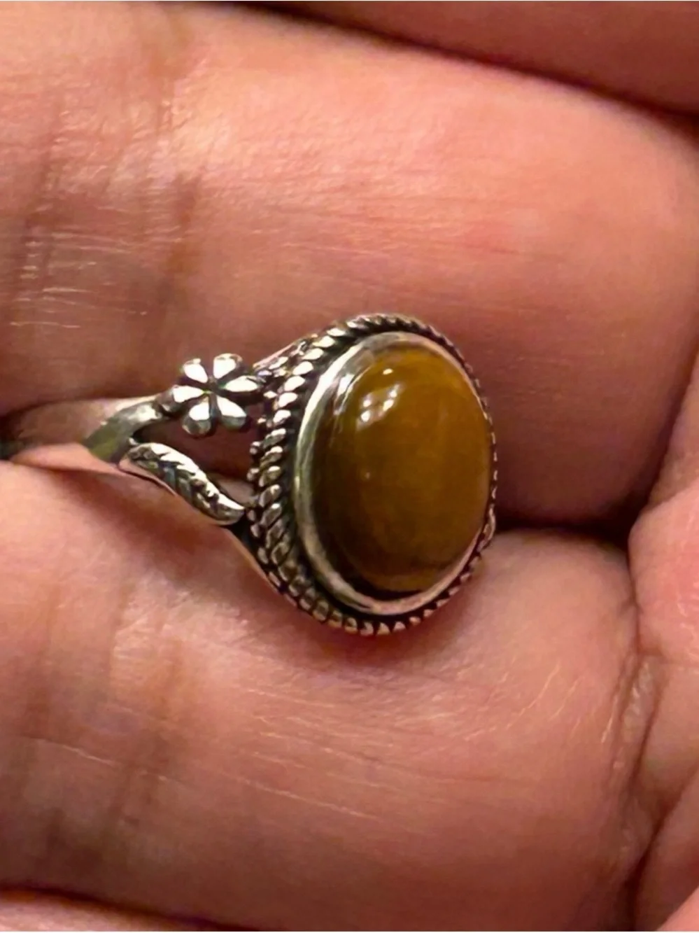 Sterling Silver S925 Ring with Tiger's Eye Crystal Stone Size 7 Woman’s floral